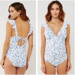 A Pea in the Pod Blue Floral Ruffle Maternity One Piece Swimsuit - S